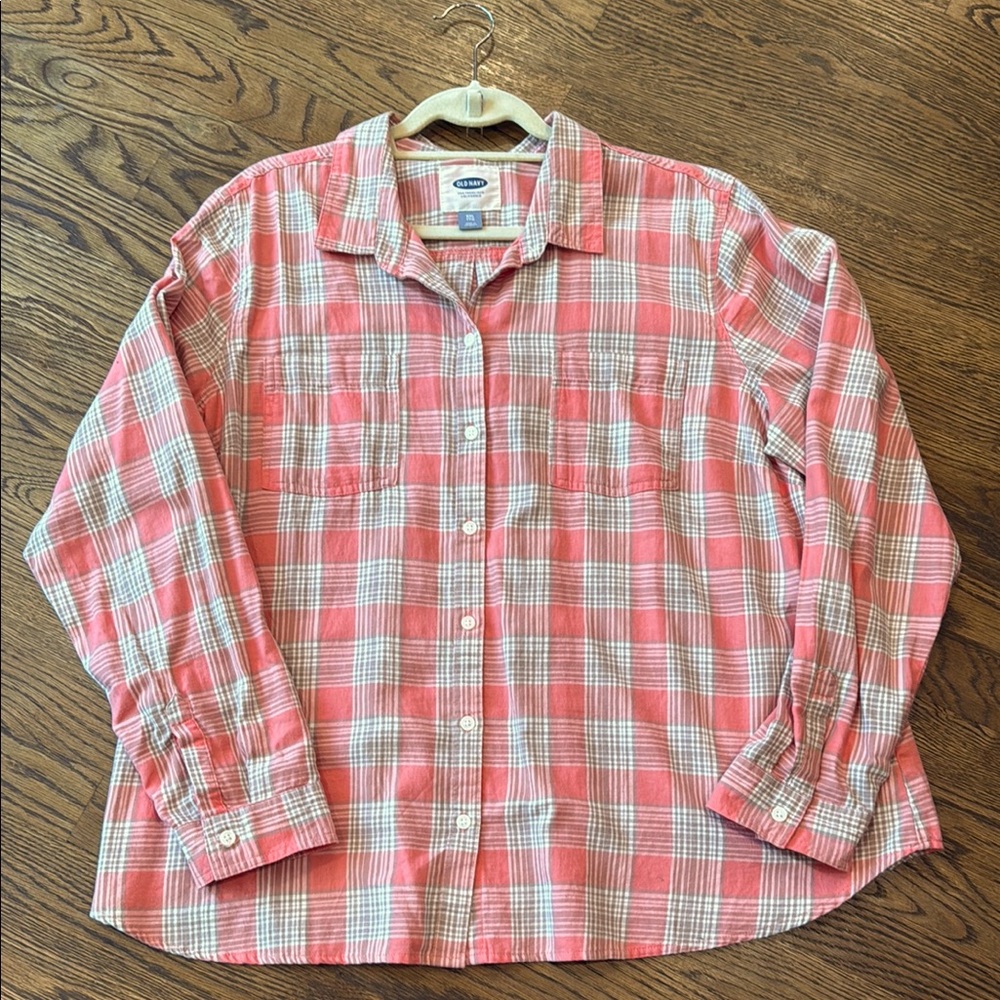 Old Navy Pink White plaid vintage Casual Button Down Shirt soft cozy sz XXL